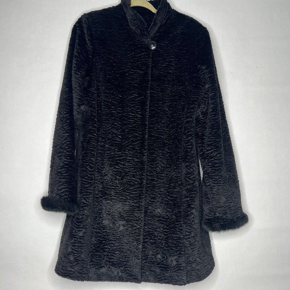 Dennis Basso Faux Fur Coat M Black Crushed Velvet Textured Mid Length Overcoat